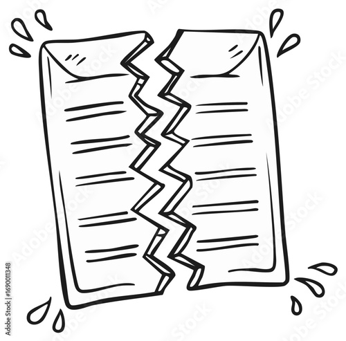 Hand drawn cartoon illustration of a document or contract ripped in half