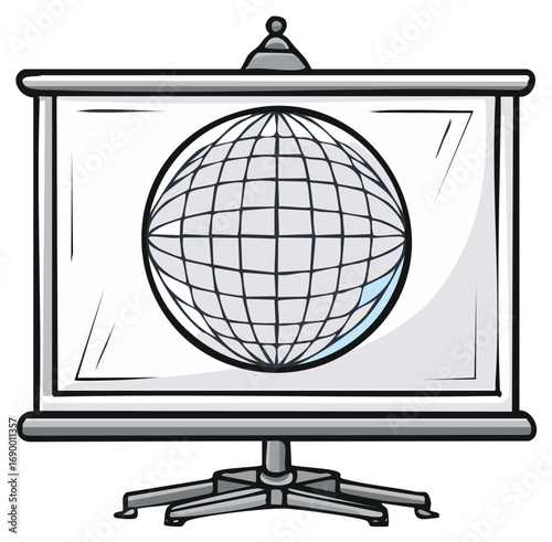 Presentation screen showing a wireframe globe projection illustrating global connectivity and business.