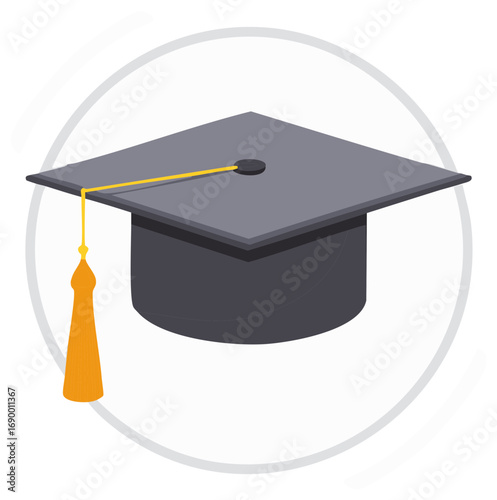 Black mortarboard graduation cap with a gold tassel vector icon for an academic achievement ceremony