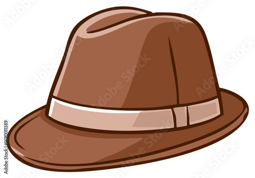 Cartoon Illustration of Brown Fedora Hat with a Ribbon for Clothing Accessories