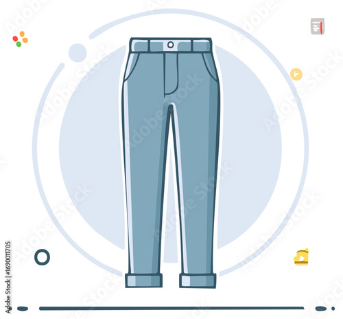 Vector line icon illustration of cuffed blue jeans trousers. Casual fashion apparel concept.
