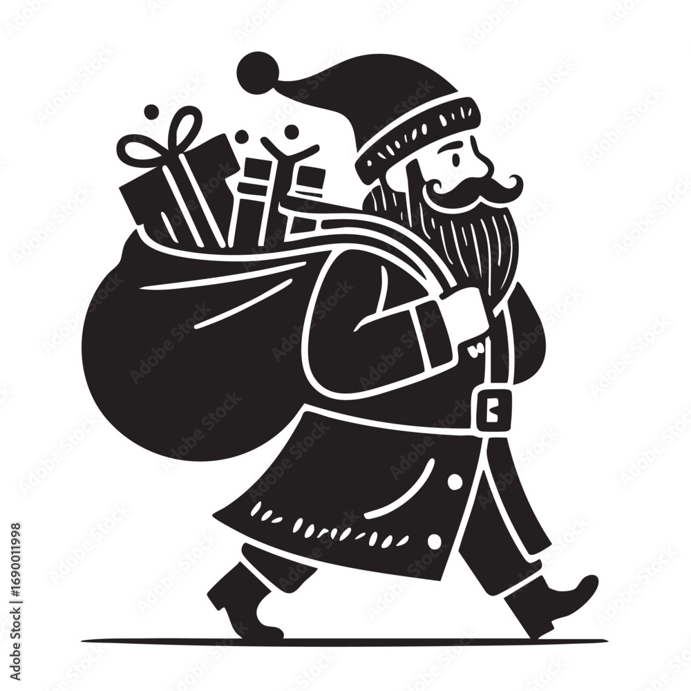 Fototapeta premium Walking Santa Claus Silhouette with Gift Sack Vector Illustration