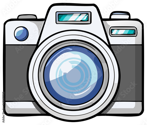 Bold Cartoon Illustration of a Modern Digital Camera with a Large Lens