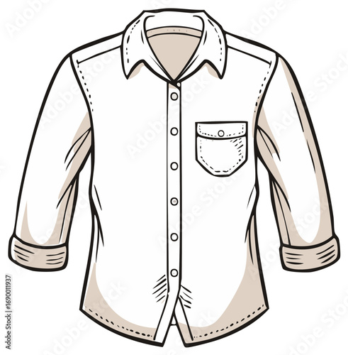 Classic button down shirt with rolled sleeves and pocket vector illustration