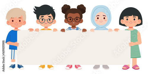 Smiling boys and girls standing together with empty sign for text, isolated on white background. Perfect for education, teamwork, announcements, presentations, multicultural projects and school