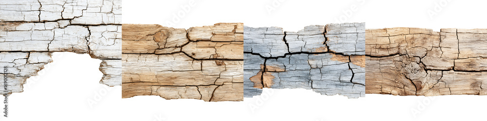 Fototapeta premium Weathered Wood Panel Collection: Rustic Textures on White Background