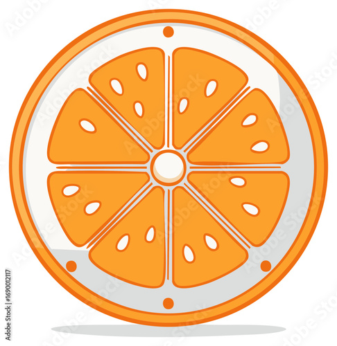 A juicy orange fruit slice shown in cross section, a vibrant cartoon vector illustration