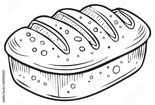 Hand drawn crusty loaf of bread black and white line art illustration