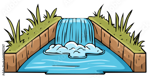 Stylized cartoon waterfall with grassy banks and flowing water illustration