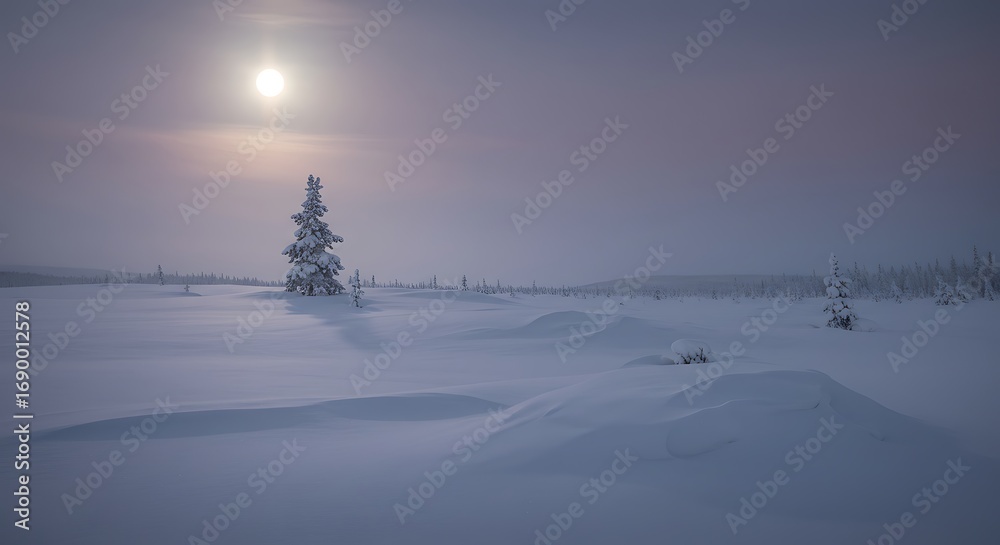 Obraz premium A snow covered landscape features a lone evergreen tree under a hazy sun in a serene, wintery scene.