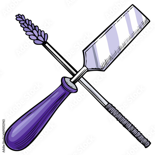 Illustrated lavender mascara wand and straight razor crossed in a beauty emblem
