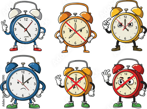 Cartoon alarm clocks with expressive faces and emotions, angry or sad time concepts, crossed-out time, funny clock character illustrations