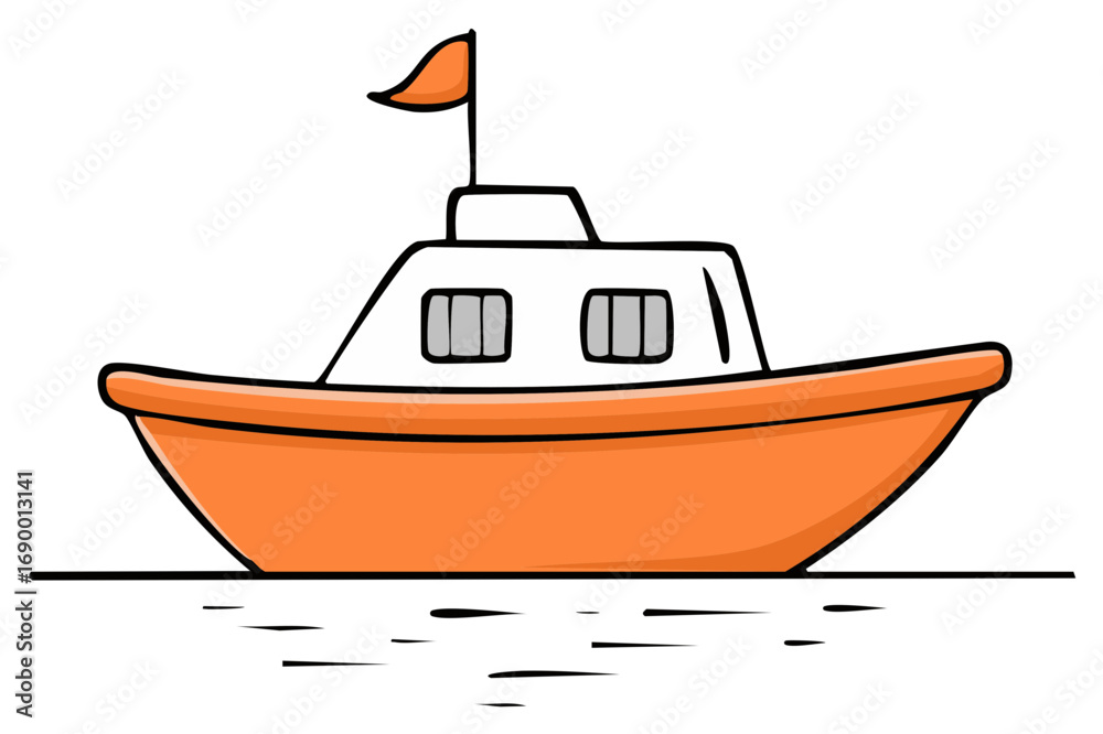 Naklejka premium Simple orange and white cartoon boat illustration floating on water