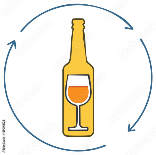 Beer bottle with glass imprint encircled by recycling symbol arrows for sustainability awareness, environmental conservation