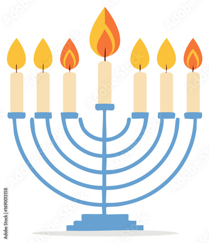 Traditional seven-branched menorah with glowing lit candles, a spiritual symbol in a simple flat vector illustration.