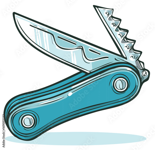 Multitool pocket knife with open blade and serrated edge