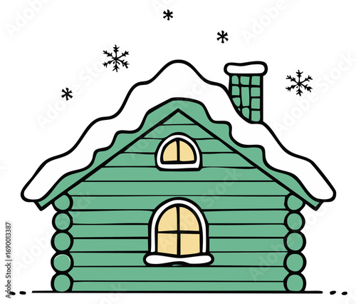 Winter cabin illustration with snow covered roof and falling snowflakes