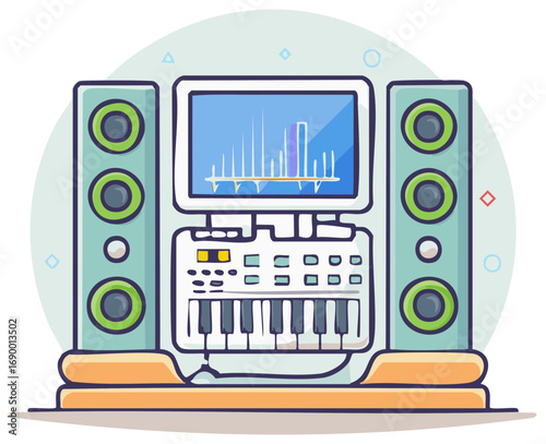Music station cartoon style with keyboard and sound wave monitor and green speakers
