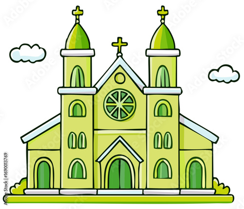 Cartoon church illustration with crosses and clouds religious architecture