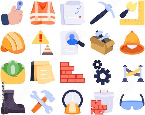 Work construction icon set – professional vector illustrations perfect for use in graphic resources, media projects, web design, apps, and digital content