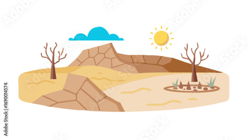 Desert landscape illustration with barren trees sun and cloud vector design for climate change awareness