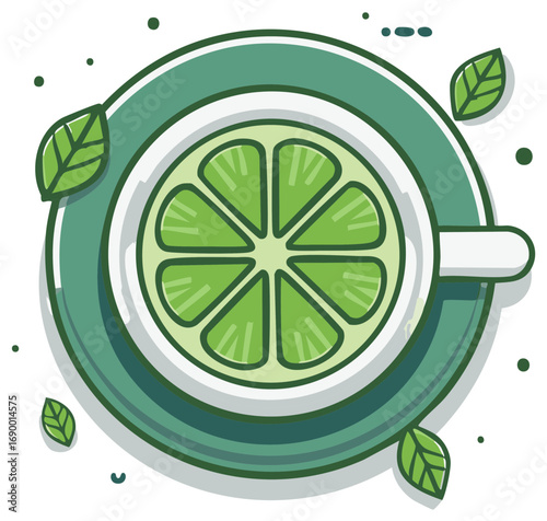 Green beverage with citrus slice and fresh mint leaves in a tea cup illustration