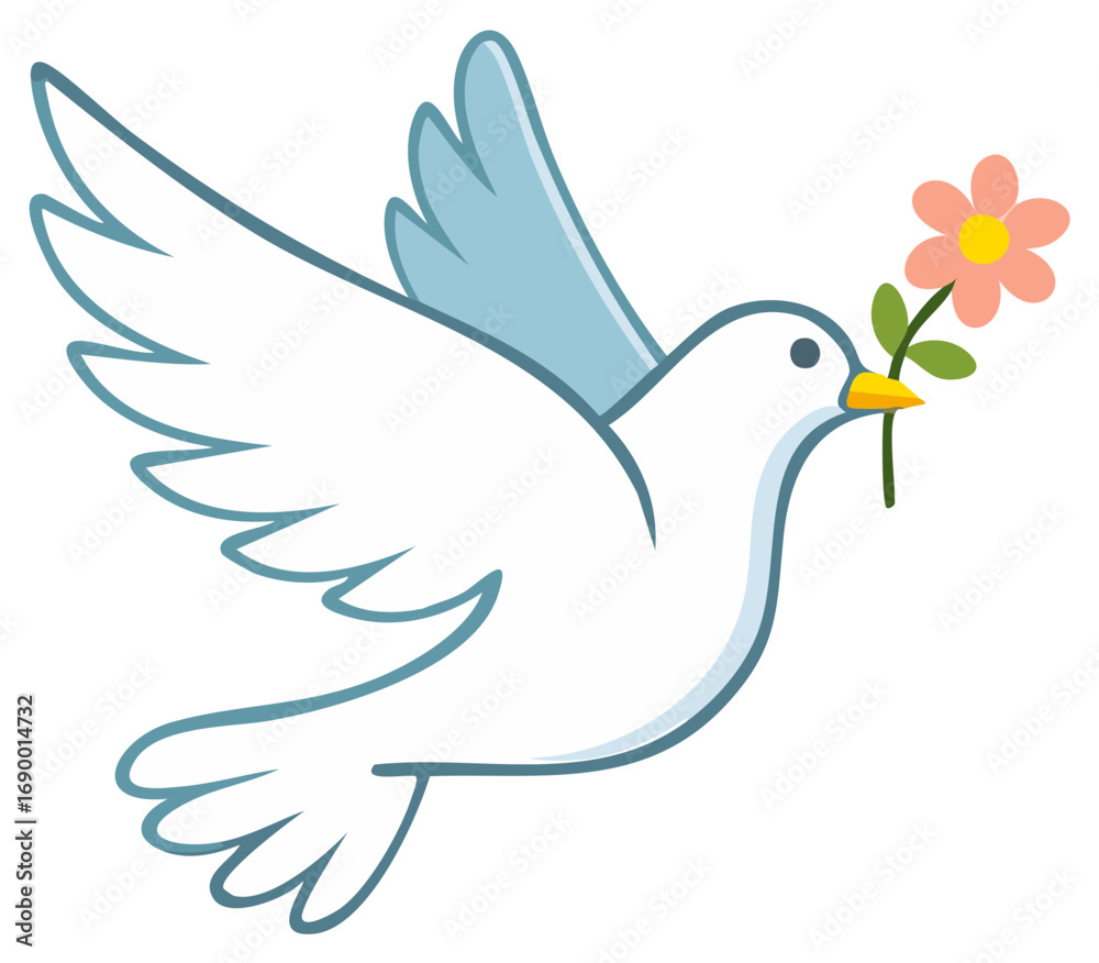 Obraz premium Cartoon Dove Carrying a Flower. Symbol of Peace and Love.