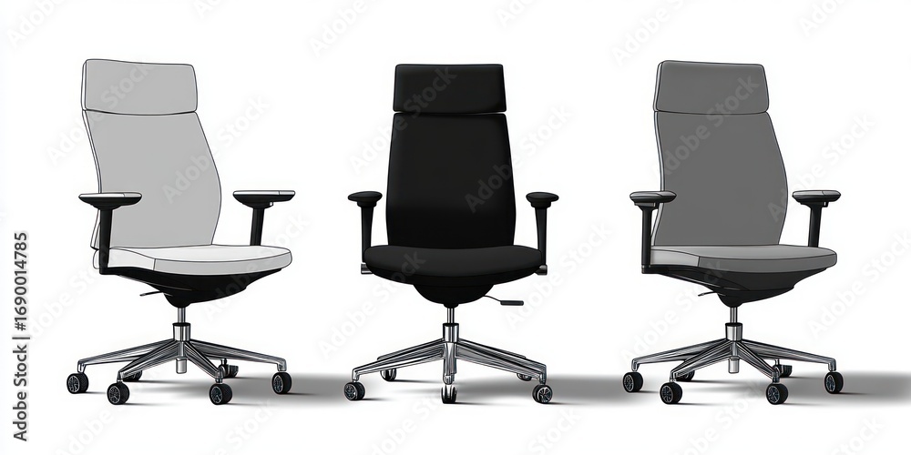 Obraz premium Three modern ergonomic office chairs with adjustable armrests and high backs in a row on caster wheels, showing a mix of black and gray upholstery against a white background
