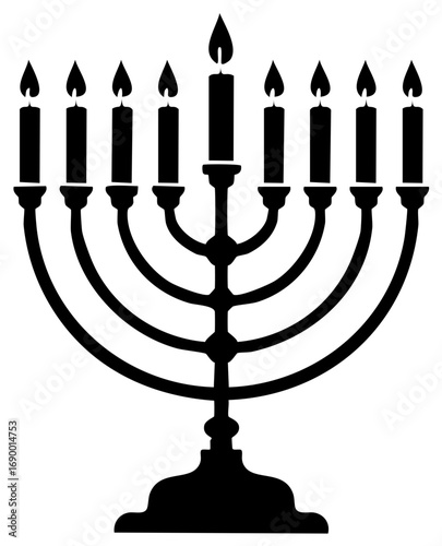 Hanukkah menorah with nine lit candles black silhouette vector icon