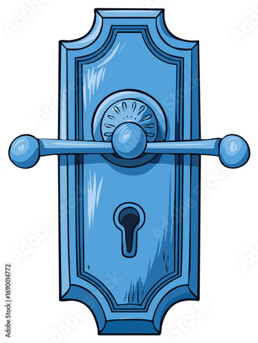 Artistic rendering of a vintage blue door handle with ornate detailing and a keyhole