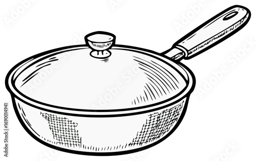 Drawn frying pan with a glass lid and long handle. Kitchen cookware illustration.