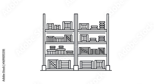 Line art illustration of warehouse shelves filled with various boxes, crates, and packages.