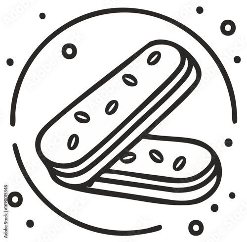 Outline illustration of two sesame seed buns stacked with abstract circles and dots