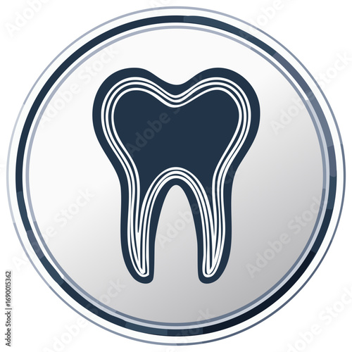 Stylized dark blue tooth icon inside a sleek silver circular button, symbolizing dental health and oral care.