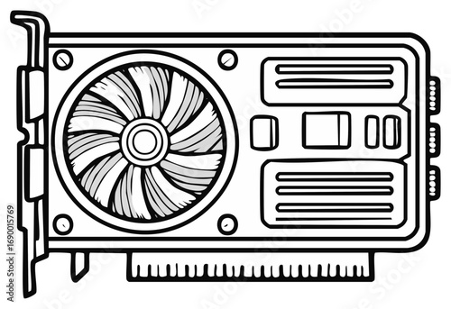 Black and white rendering of a video card part, showing the fan, memory, ports, and connectors of an electronic circuit board component