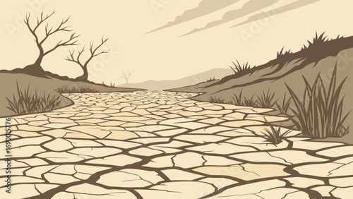 Explore the arid landscape cracked earth drought barren trees and dry grass vector illustration for climate change