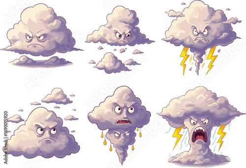 Angry storm clouds with expressive faces, lightning bolts, rain drops, dark thunderstorm, intense weather illustration, dramatic stormy sky, fierce weather characters