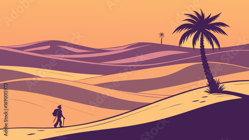 Desert landscape illustration of traveler walking through sand dunes with palm trees vector graphic