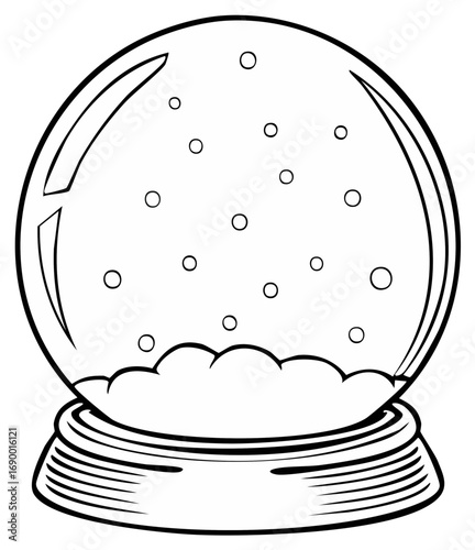 Line art illustration of a blank snow globe with falling snow on a decorative base