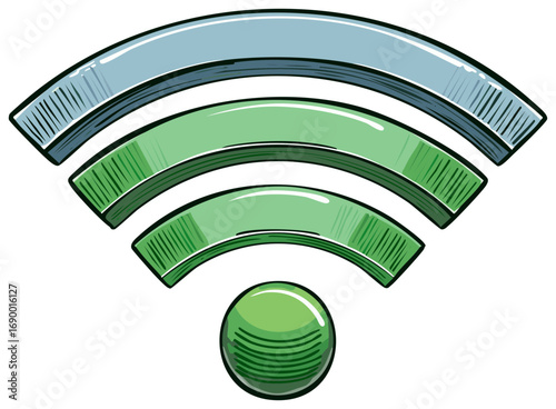 Wifi internet symbol with connection indicator levels, wireless network illustration, green and blue antenna waves isolated