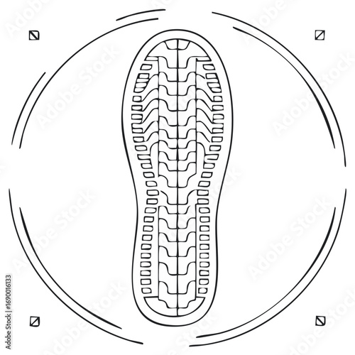 Line art illustration of a sneaker sole inside a circular target frame for forensic or tracking concepts