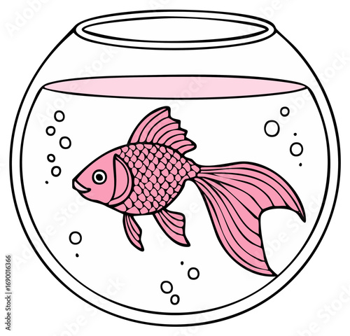Single pink goldfish swimming happily in a clear glass fishbowl aquarium