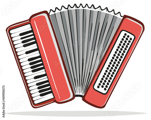 Vibrant red accordion with black and white keyboard and silver bellows isolated on white