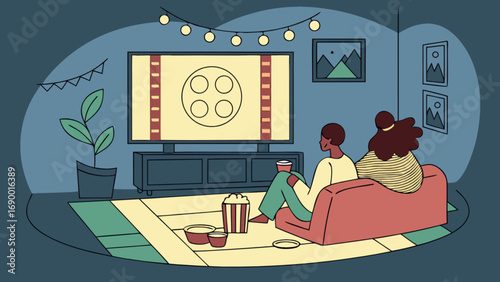 Couple watching movie at home on tv streaming service with popcorn and drinks on couch in living room scene
