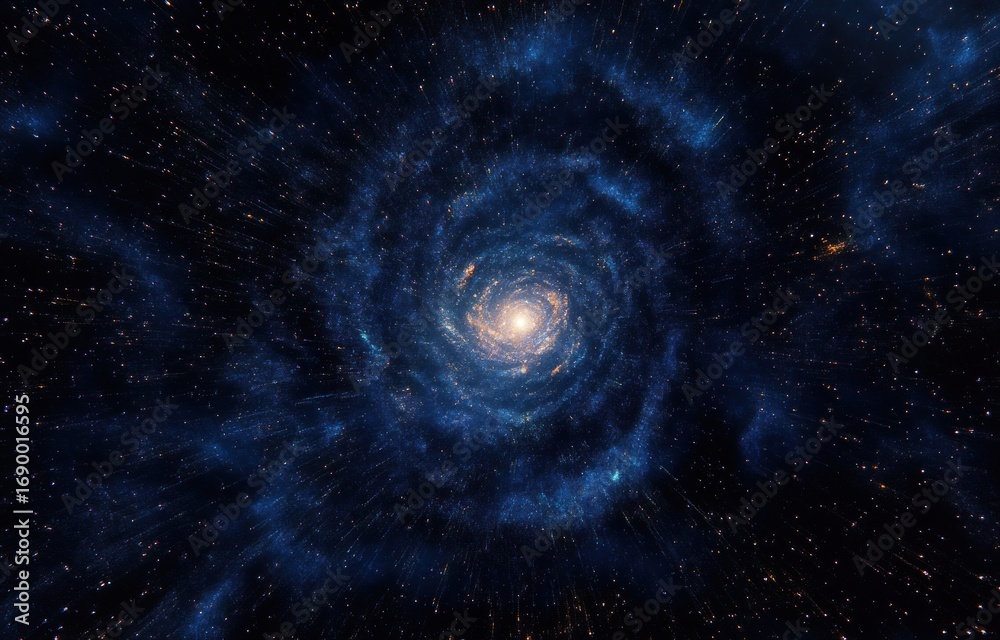 Obraz premium Vivid spiral galaxy with glowing bright center and swirling blue and orange cosmic dust, conveying vastness and mystery of outer space