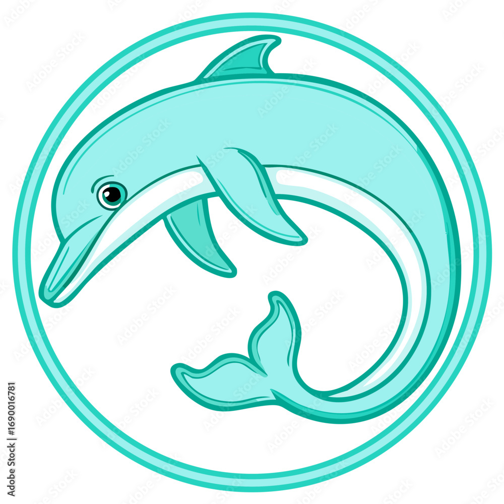 Obraz premium A cute cartoon dolphin jumping playfully inside a circular teal frame vector illustration