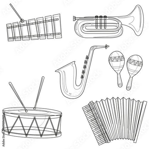 Artistic outline illustration showing a collection of classical and folk musical instruments