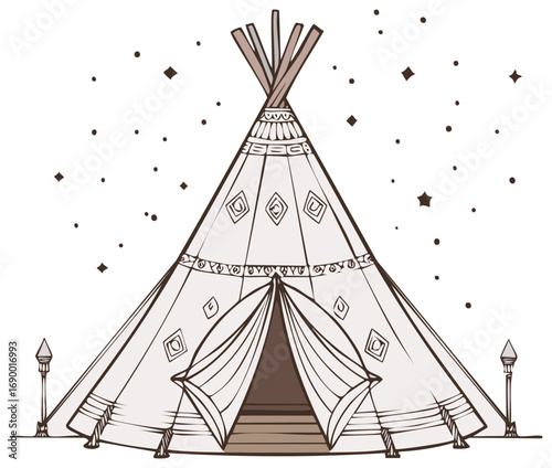 Tipi dwelling decorated with tribal patterns, illuminated by starry night sky