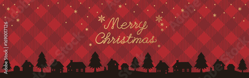 クリスマス　バナー　フレーム　街並み　シルエット　雪　冬　デザイン　背景　壁紙　イラスト素材