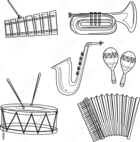 Hand-drawn line art of percussion and wind instruments arranged on a white background